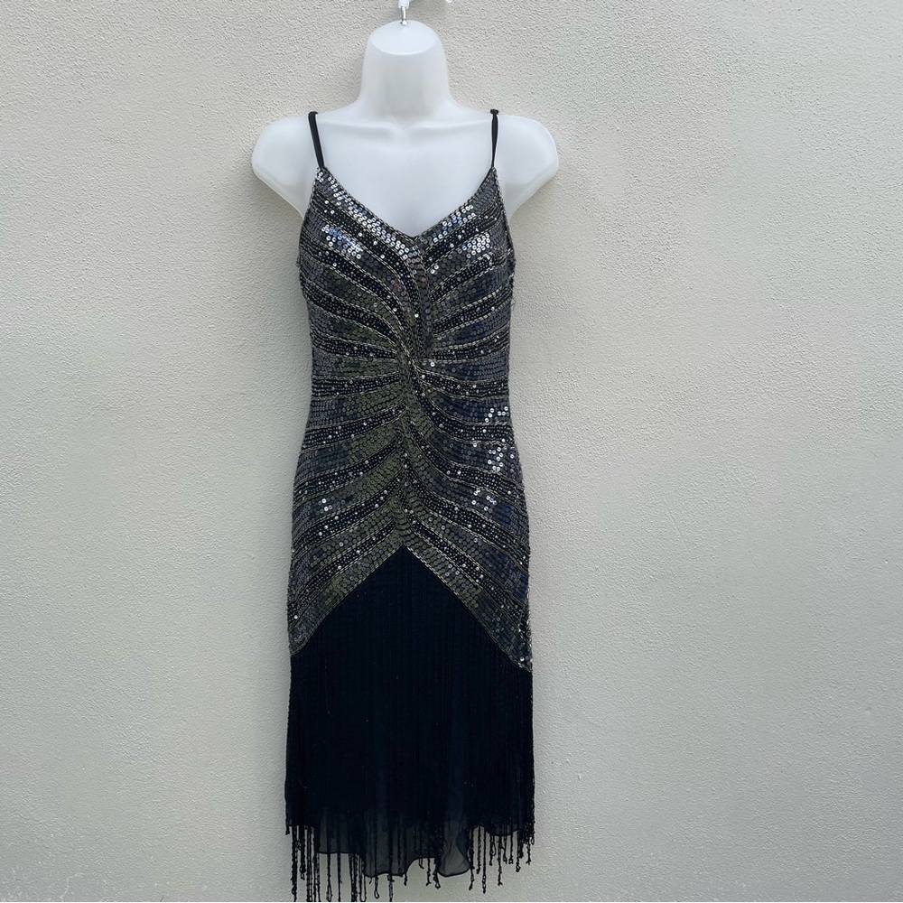 Cache Black and Silver Sequin Fringe Mini Dress